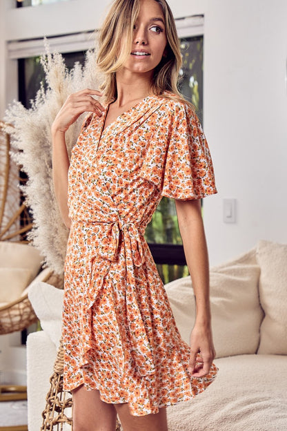 Floral Tied Short Sleeve Mini Wrap Dress