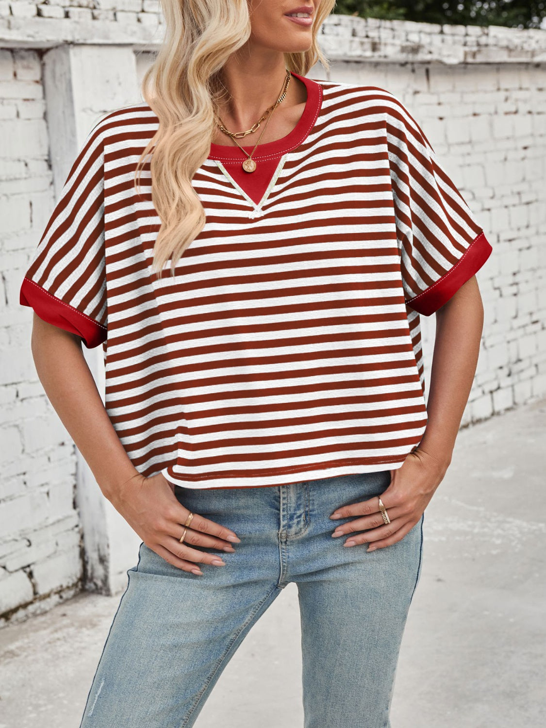 Striped Round Neck Short Sleeve T-Shirt