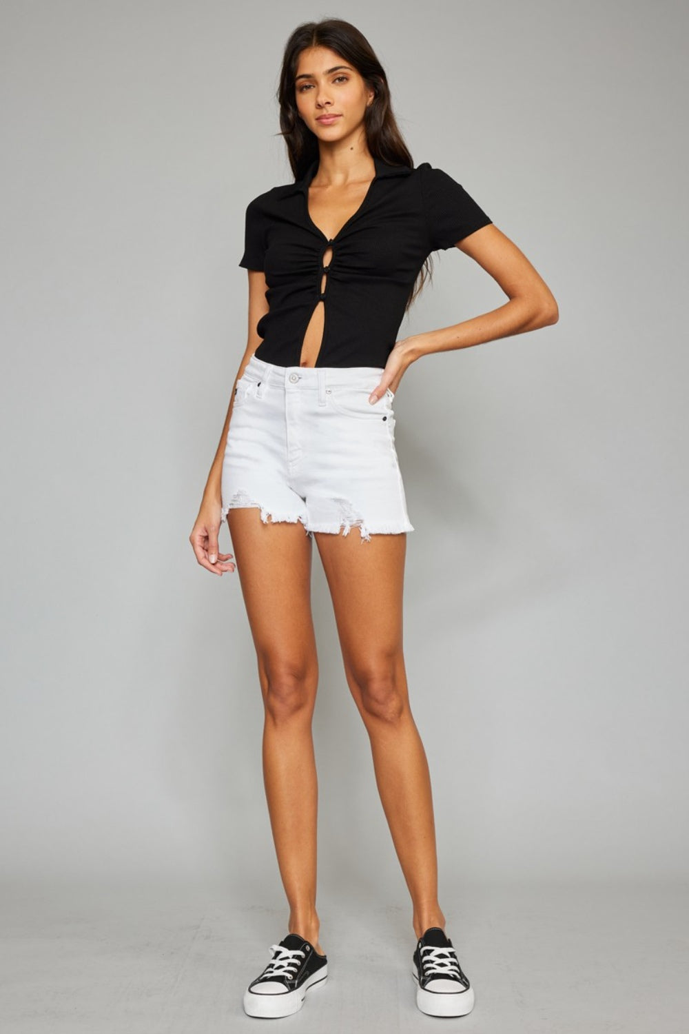 Kancan High Rise Frayed Hem Denim Shorts