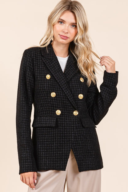 Plaid Texture Double-Breasted Long Sleeve Blazer