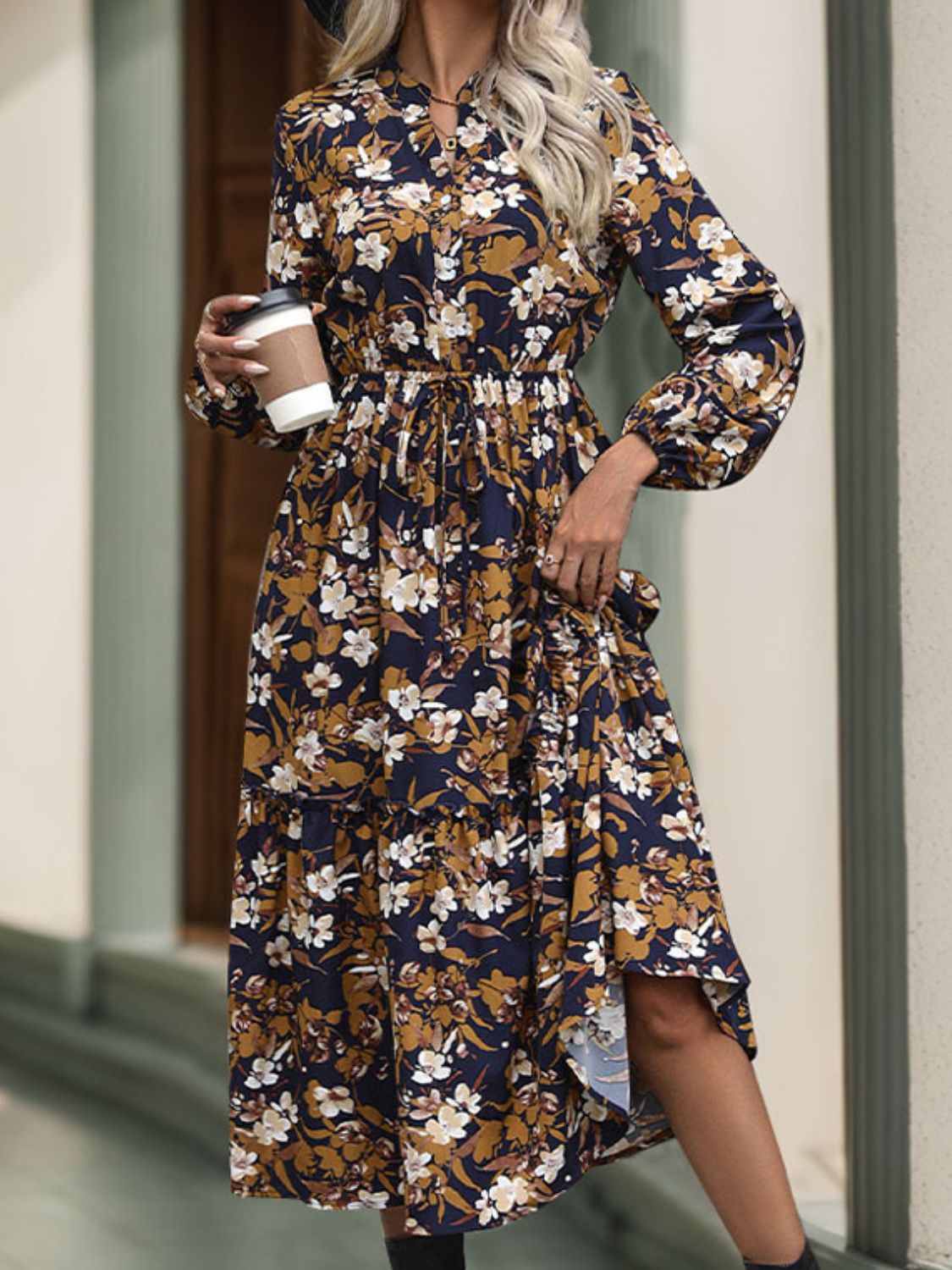 Printed Notched Long Sleeve Midi Dress