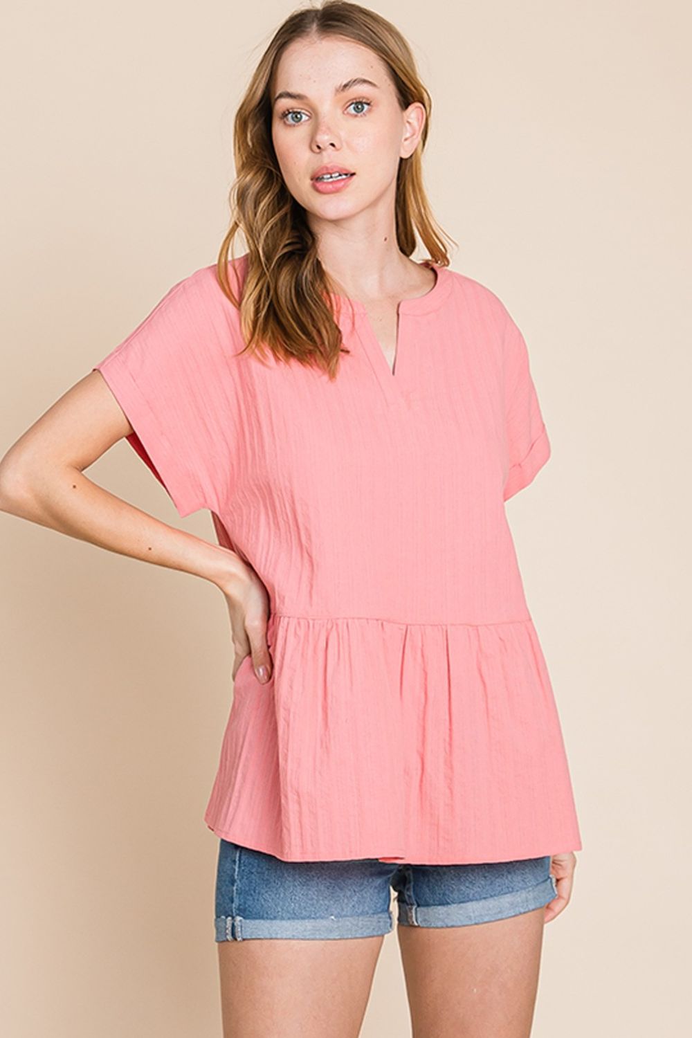 Notched Short Sleeve Peplum Top