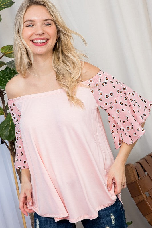 CHEETAH WOVEN MIX OFF SHOULDER TOP