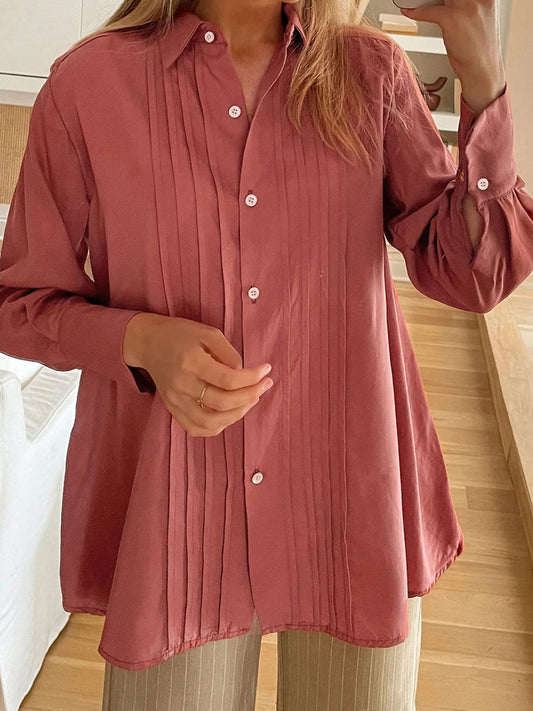 Ruched Collared Neck Long Sleeve Shirt