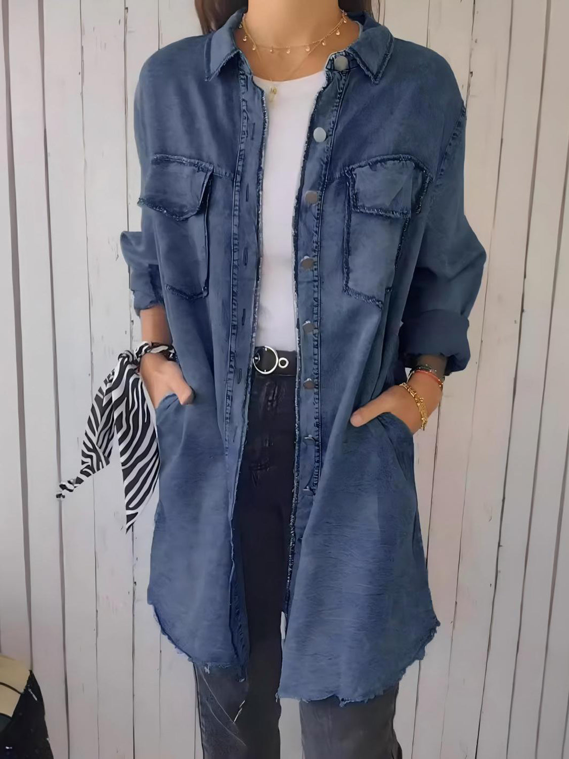 Raw Hem Button Up Long Sleeve Denim Top