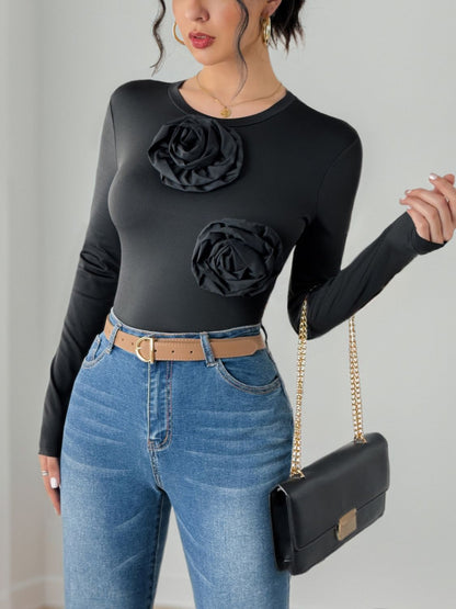 Flower Round Neck Long Sleeve Bodysuit