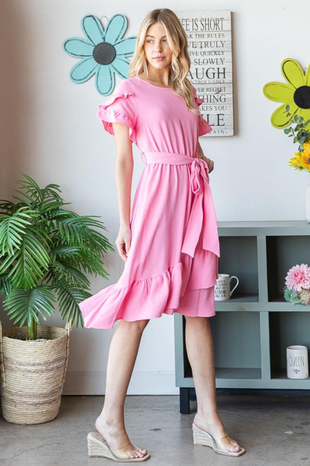 Tie Front Ruffled Short Sleeve Dress