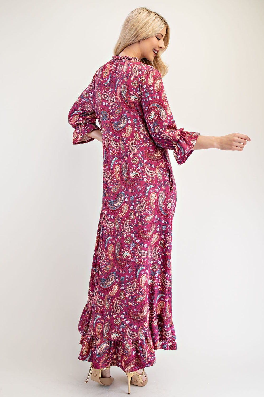 Celeste Ruffle Hem Paisley Round Neck Dress