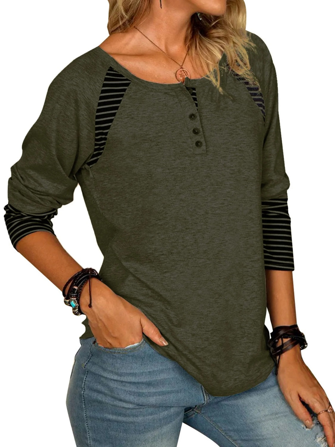 Striped Quarter Button Long Sleeve T-Shirt