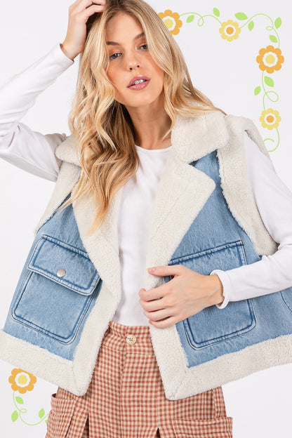 Pocketed Collared Neck Sherpa Vest