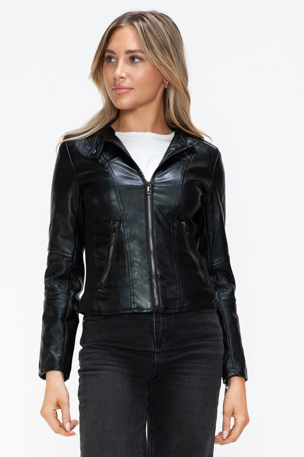 Faux Leather Zip Up Drawstring Hooded Jacket