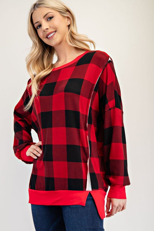 Celeste High-Low Plaid Round Neck Sweatshirt