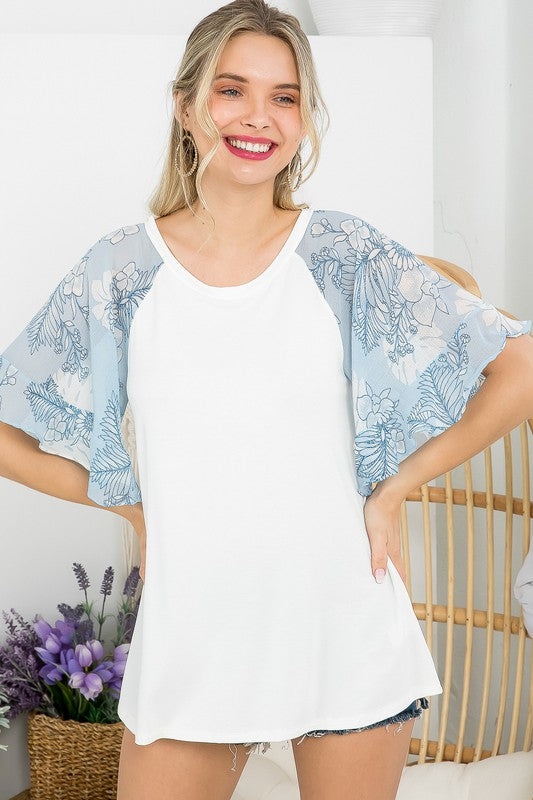 FLORAL CHIFFON MIXED BELL SLEEVE TOP