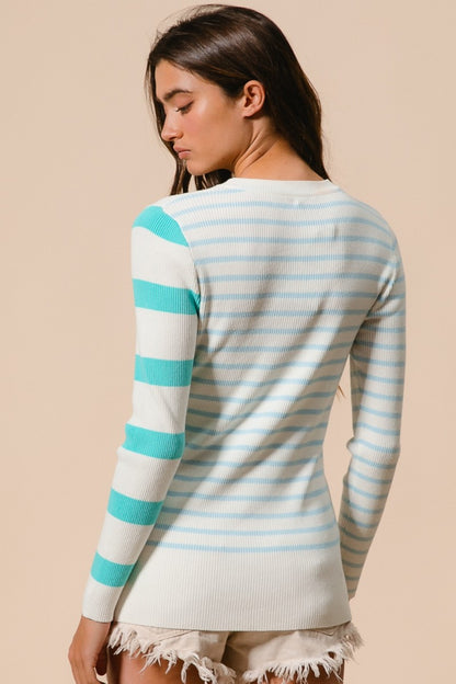 Contrast Striped Asymmetrical Hem Knit Top