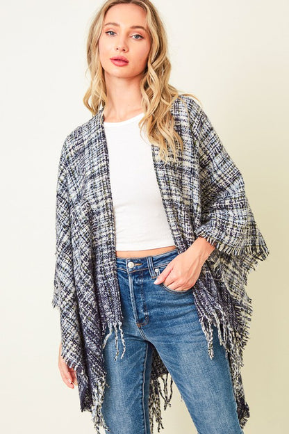 MULTI PLAID FRINGE PONCHO SHAWL