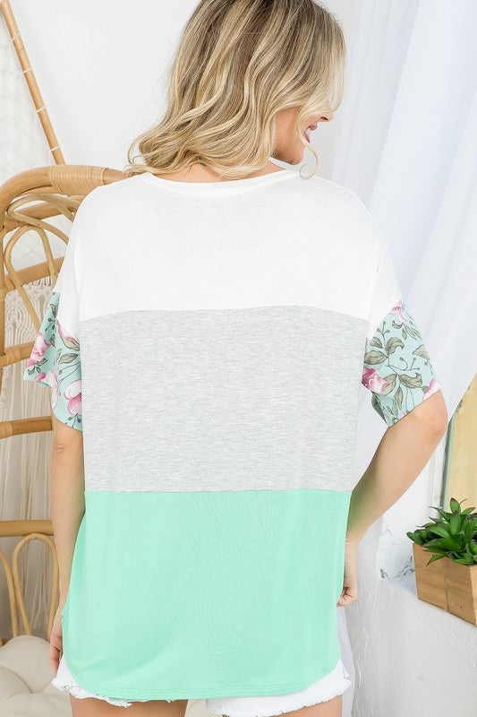 SOLID FLORAL MIXED COLORBLOCK TOP