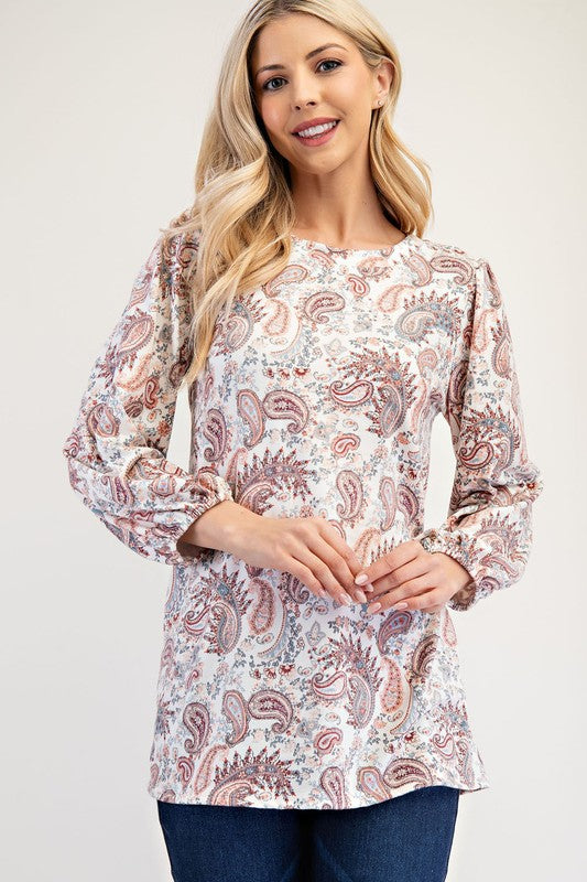 Celeste Paisley Round Neck Balloon Sleeve Top