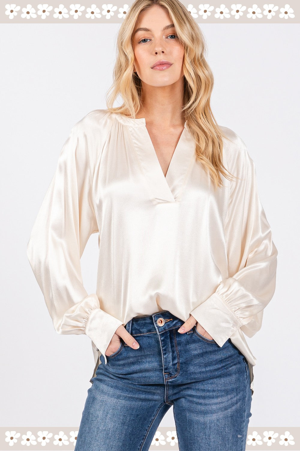 Notched Long Sleeve Blouse