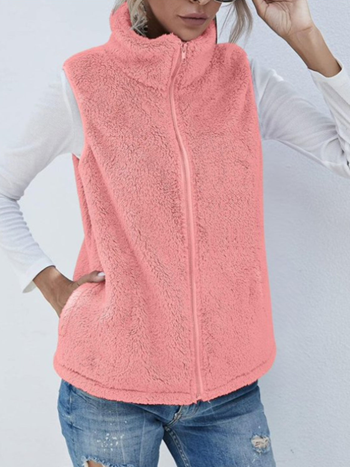 Fuzzy Zip Up Vest Coat with Pockets