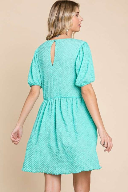 Textured Round Neck Puff Sleeve Dress