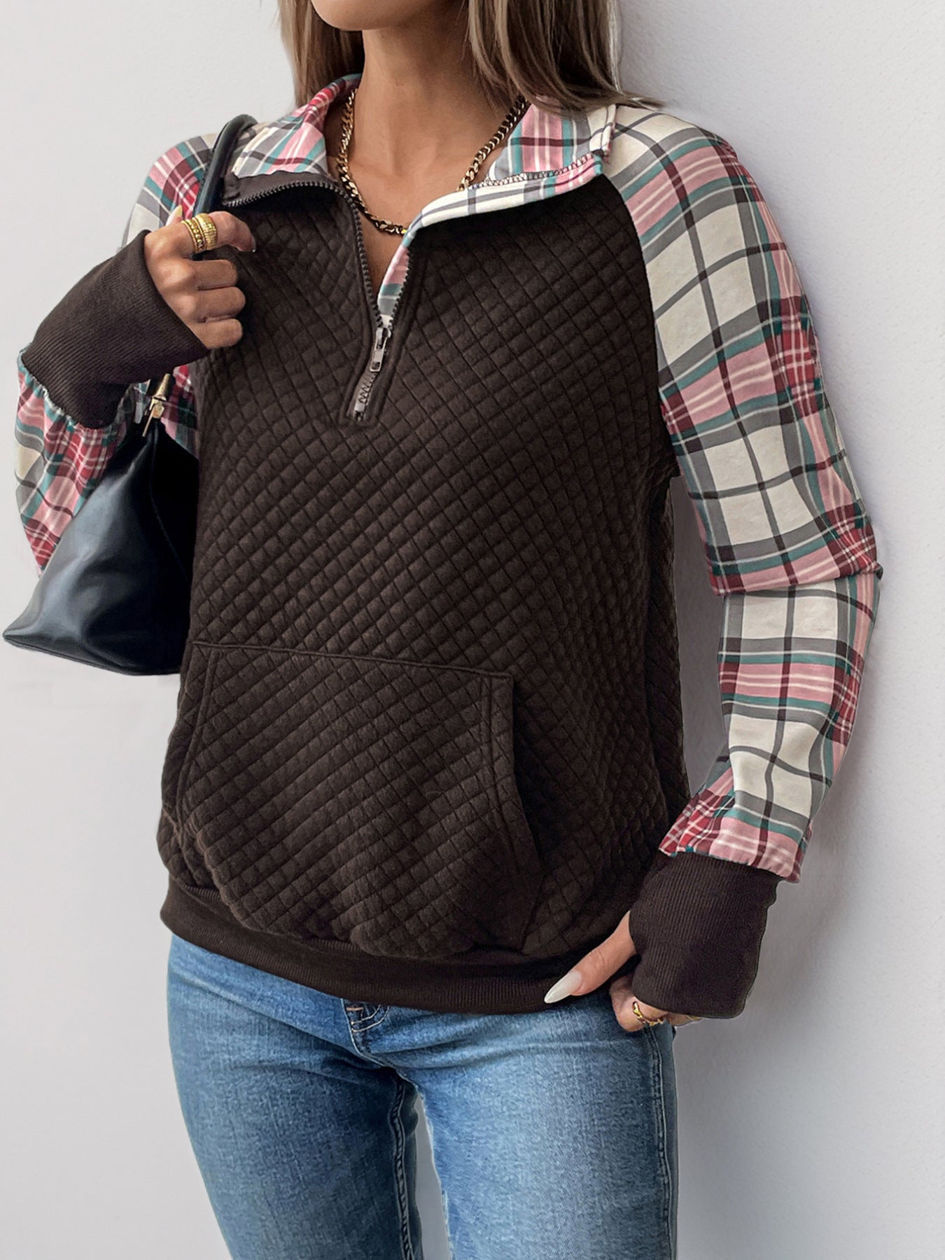 Plaid Half Zip Long Sleeve Sweatshirt