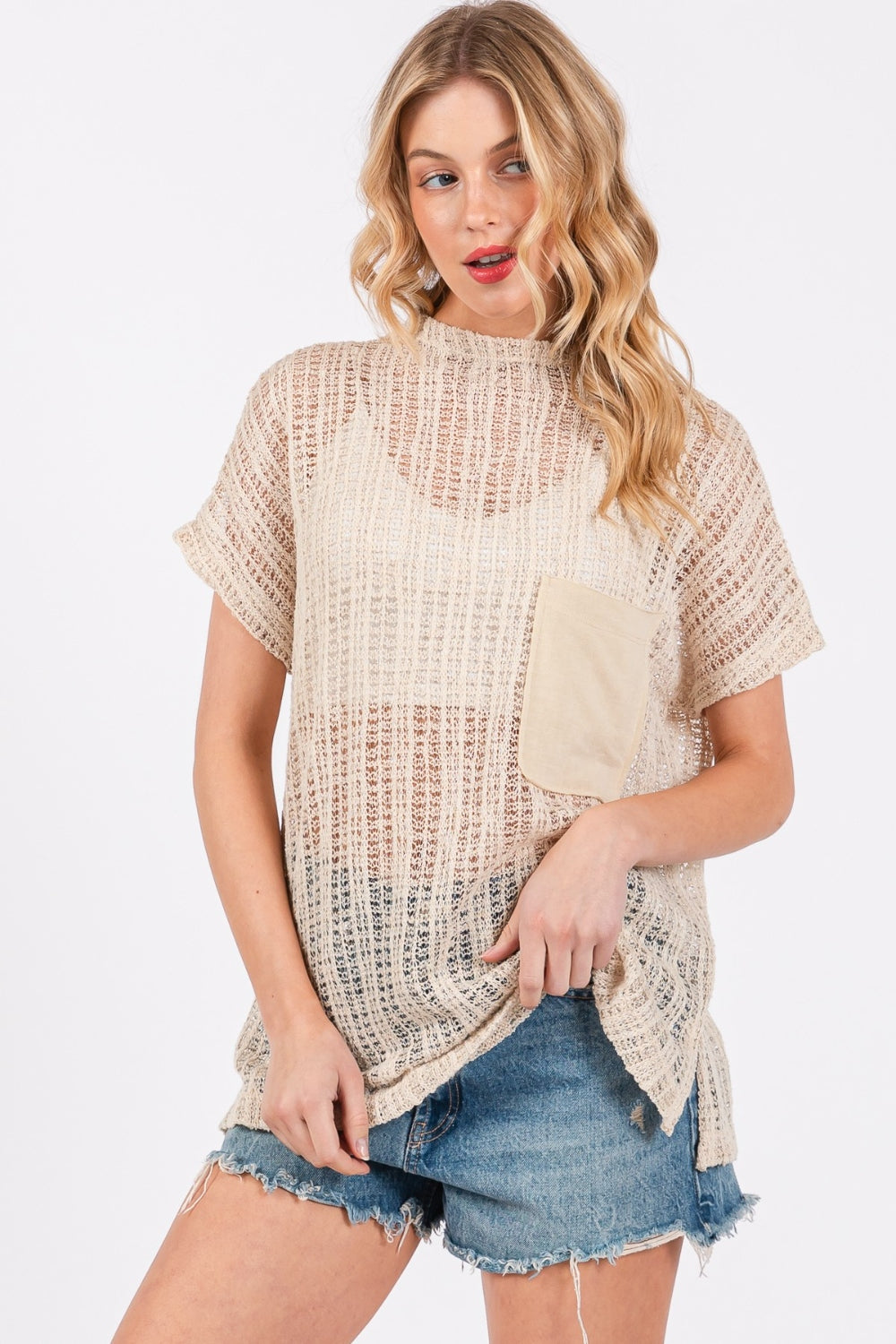 Femme See Through Crochet Mock Neck Cover Up