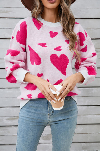 Heart Contrast Round Neck Long Sleeve Sweater