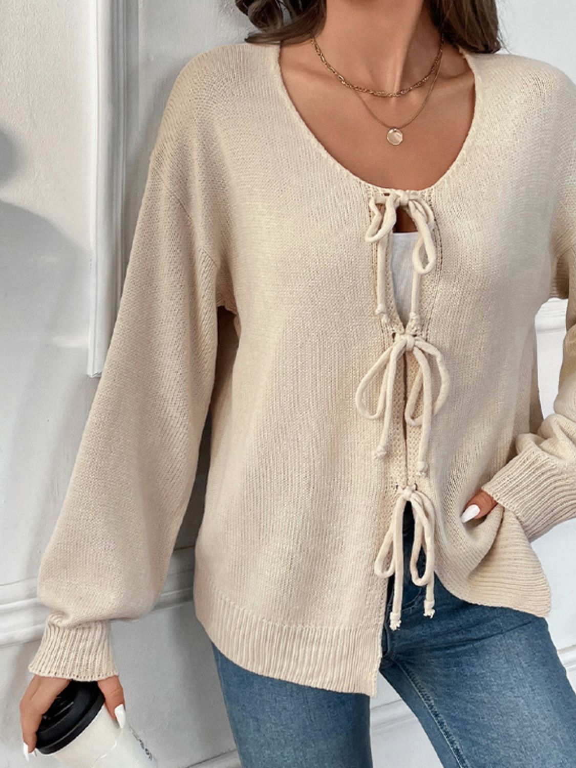 Tied Round Neck Long Sleeve Cardigan