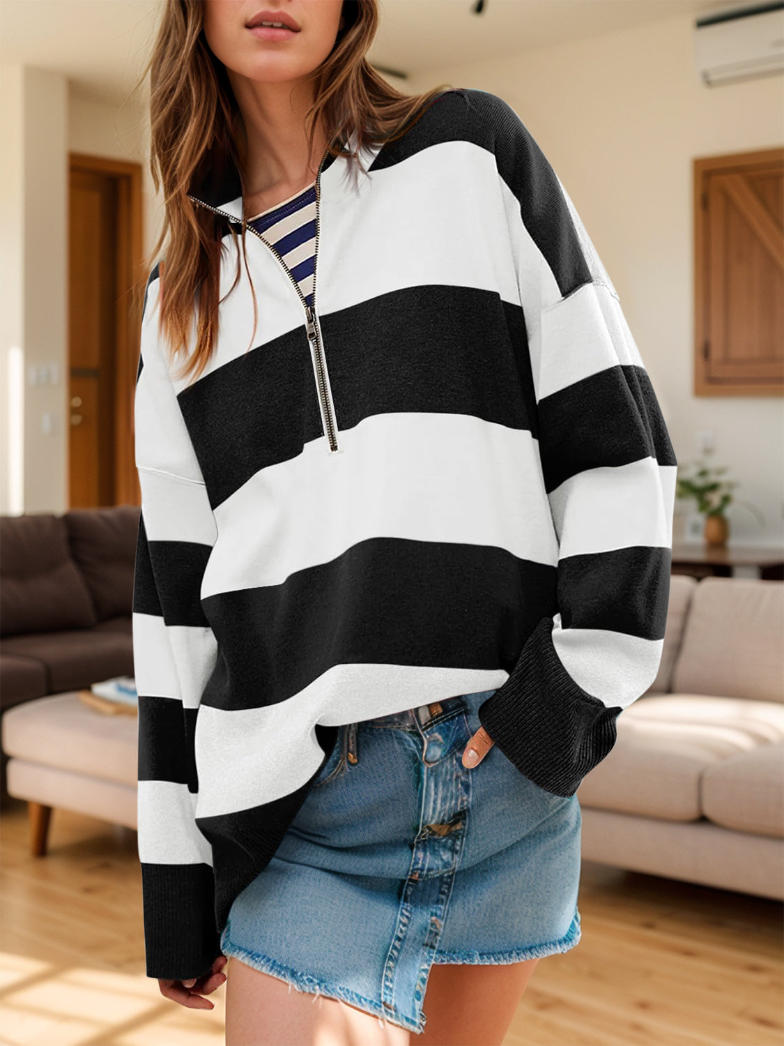 Color Block Half Zip Long Sleeve Sweater