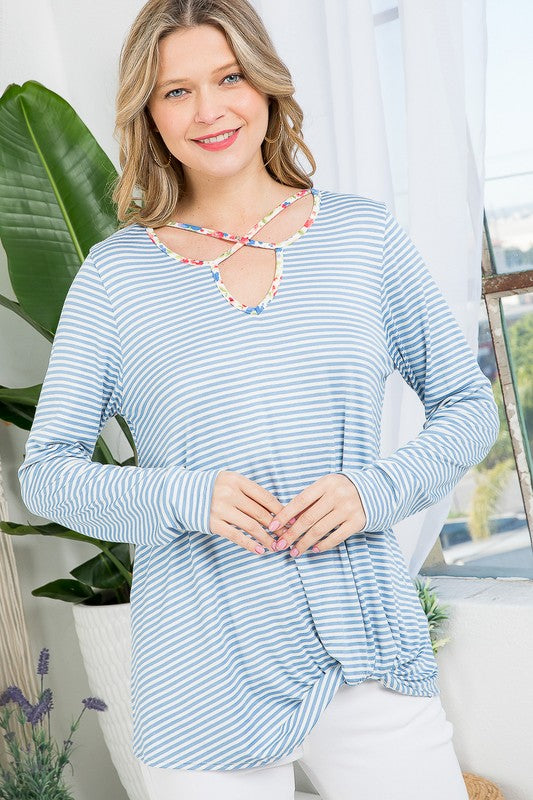 PLUS STRIPE LACE UP NECK TUNIC TOP