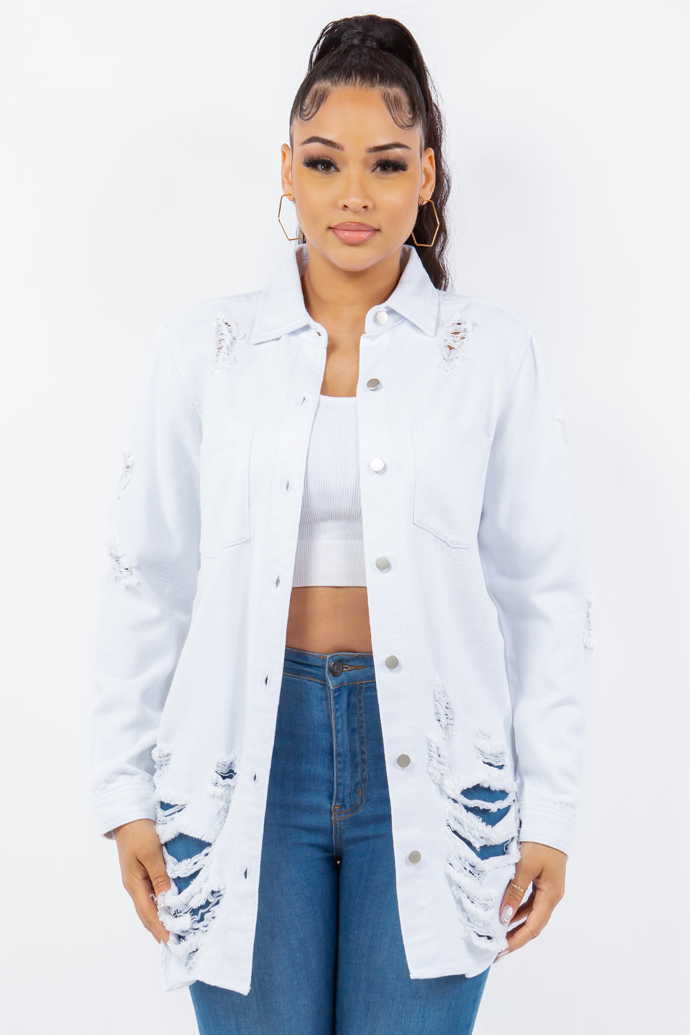 Distressed Button Up Long Sleeve Denim Jacket