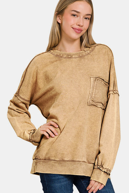 Exposed Seam Round Neck Dropped Shoulder Sweatshirt