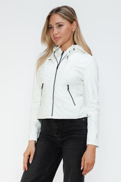 Faux Leather Zip Up Drawstring Hooded Jacket