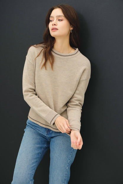 Striped Trim Round Neck Long Sleeve Sweater