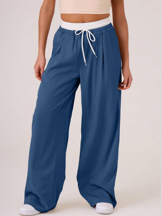 Contrast Waistband Drawstring Wide Leg Pants