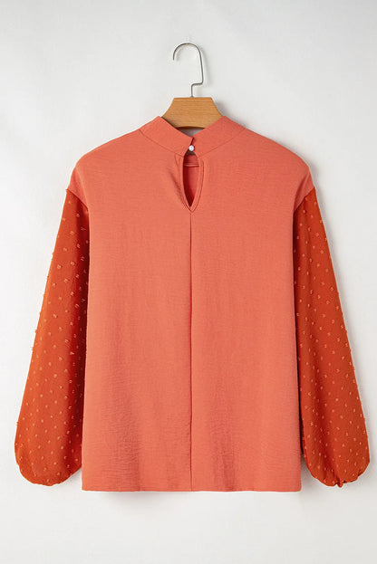 Swiss Dot Mock Neck Balloon Sleeve Blouse