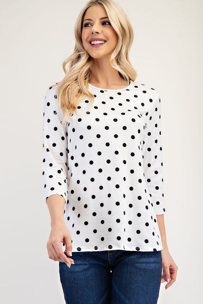 Celeste Polka Dot Round Neck Three-Quarter Sleeve T-Shirt