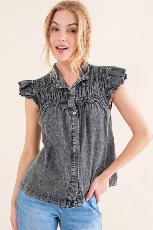 Ruffled Button Up Cap Sleeve Denim Top