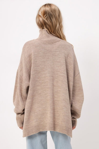 Side Slit Turtleneck Long Sleeve Sweater