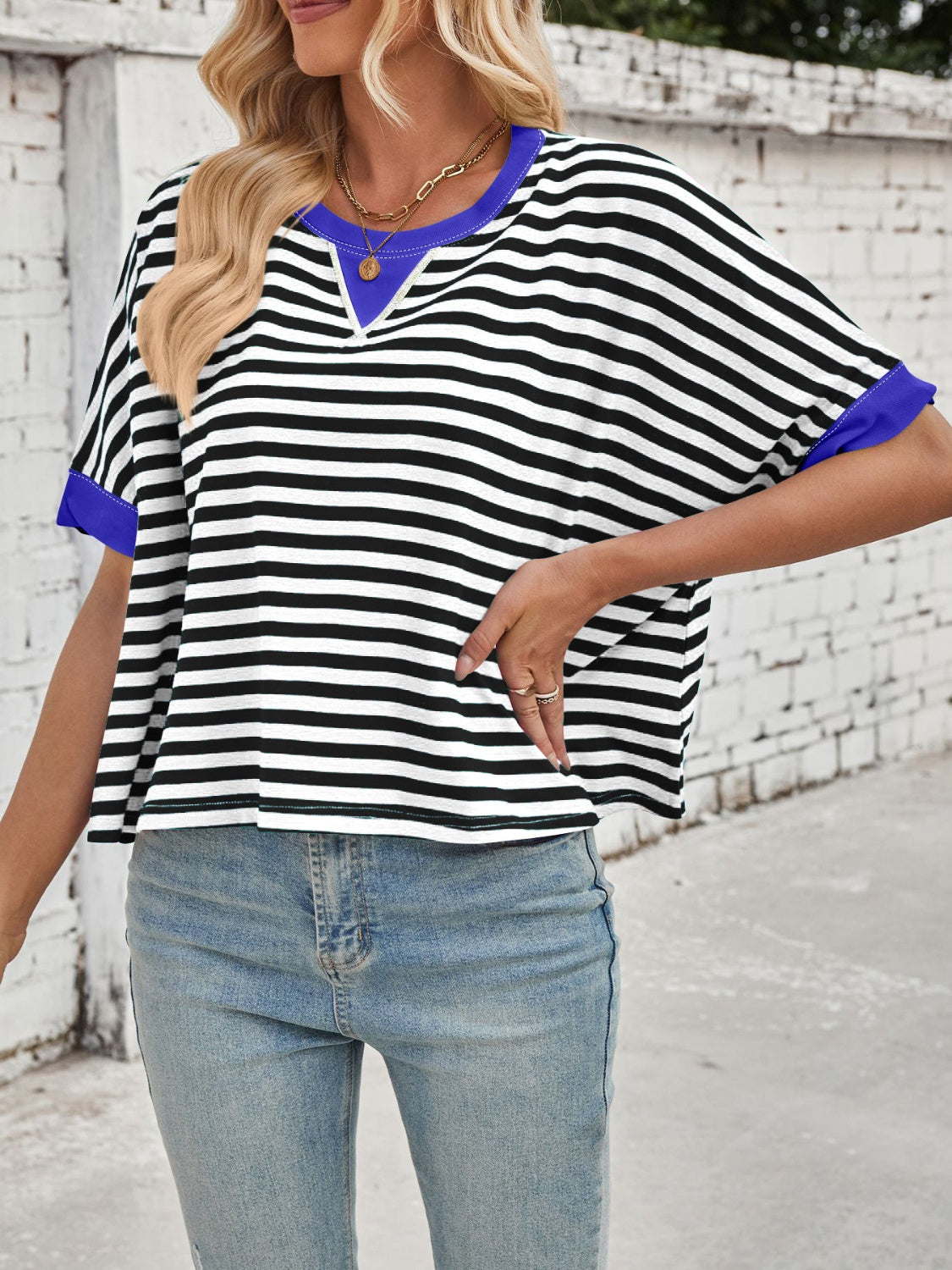 Striped Round Neck Short Sleeve T-Shirt