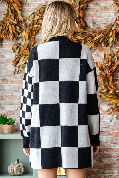 Checkered Open Front Long Sleeve Cardigan