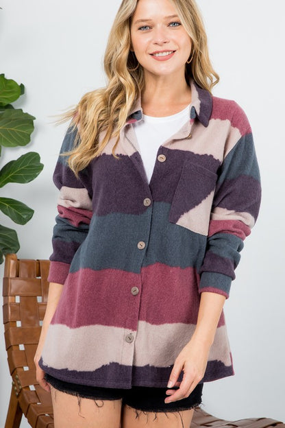 FUZZY STRIPE BUTTON DOWN SHACKET