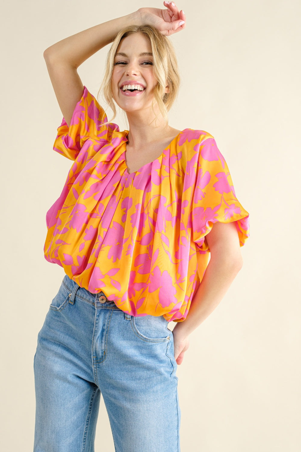 Printed Satin Bubble Hem Top