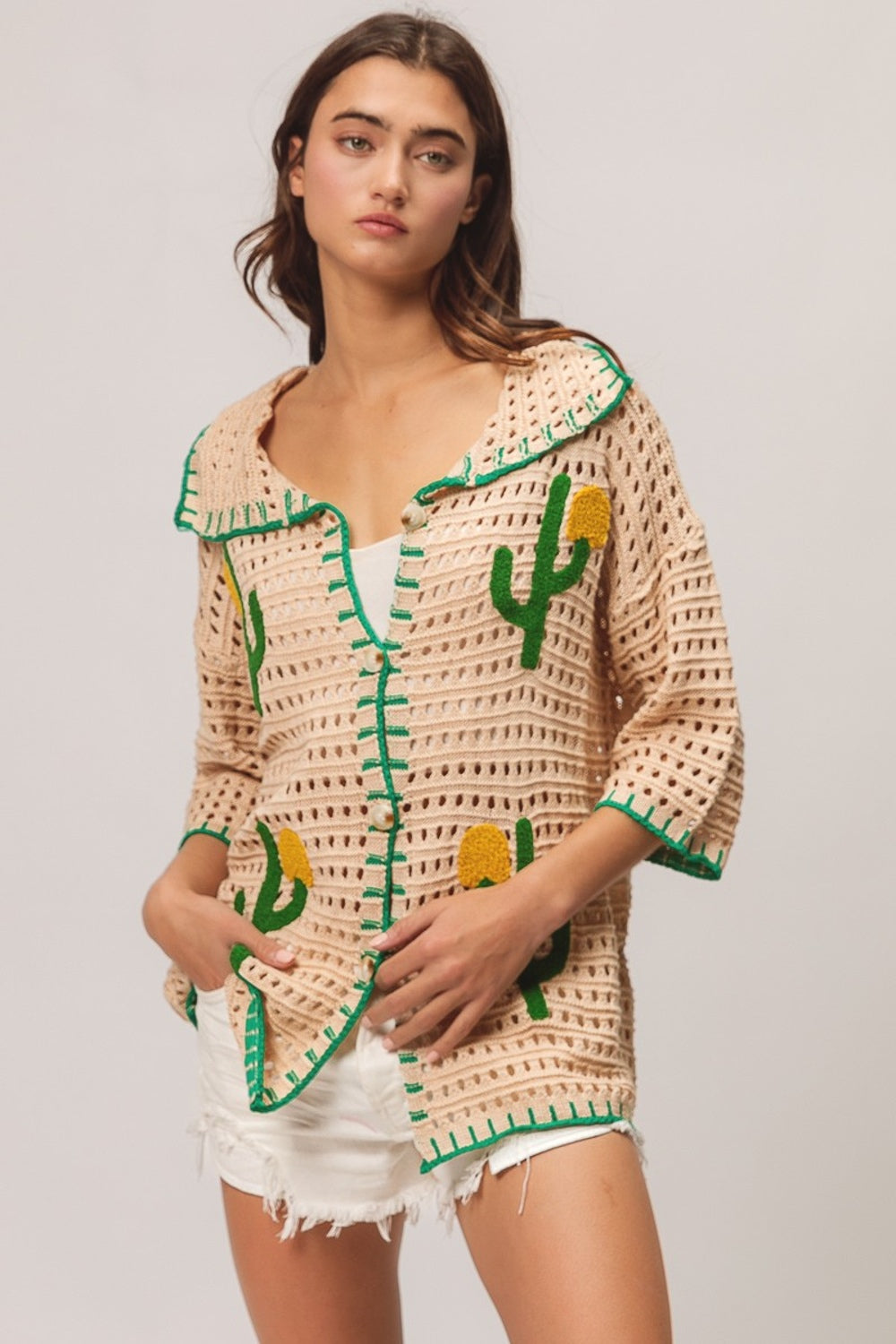 Edge Stitched Cactus Patch Sweater Cardigan