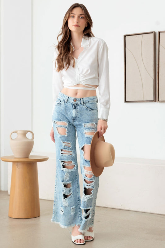 Distressed Frayed Hem Flare Jeans