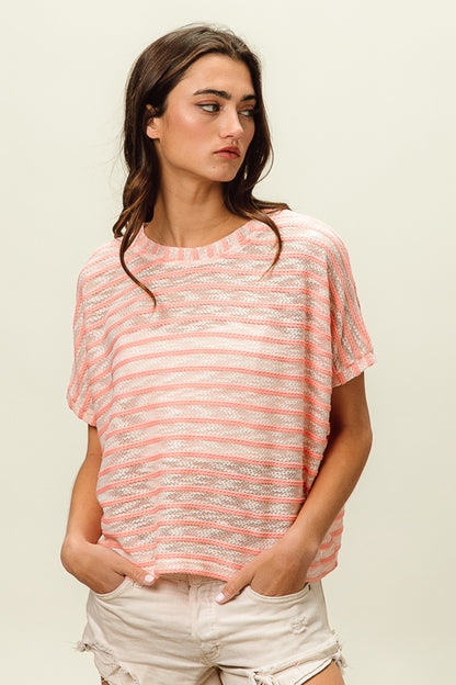 Braid Striped Short Sleeve Round Neck T-Shirt