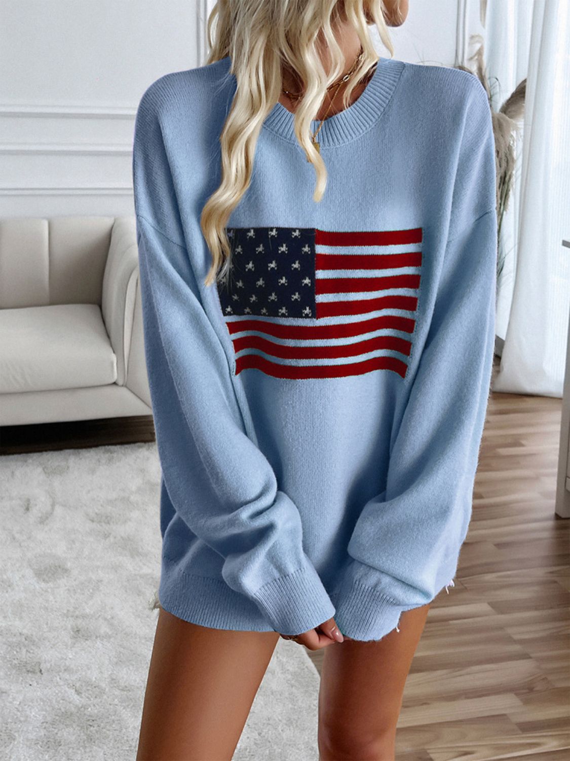 US Flag Round Neck Long Sleeve Knit Top