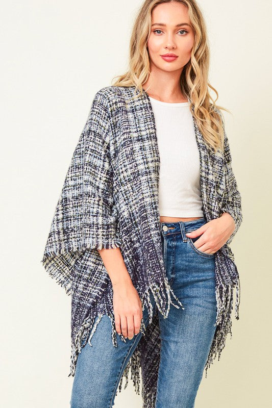 MULTI PLAID FRINGE PONCHO SHAWL