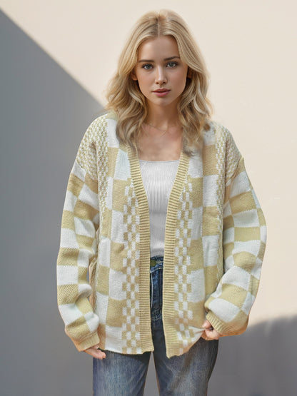 Checkered Open Front Dropped Shoulder Cardigan