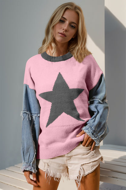 Star Pattern Raw Edge Long Sleeve Sweater